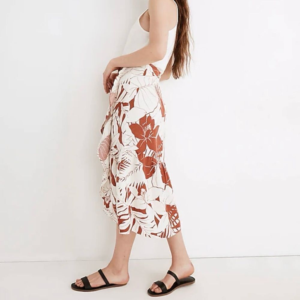 Madewell Rust & White Tropical Print Ruffle Linen Blend Midi Skirt - Picture 3 of 11